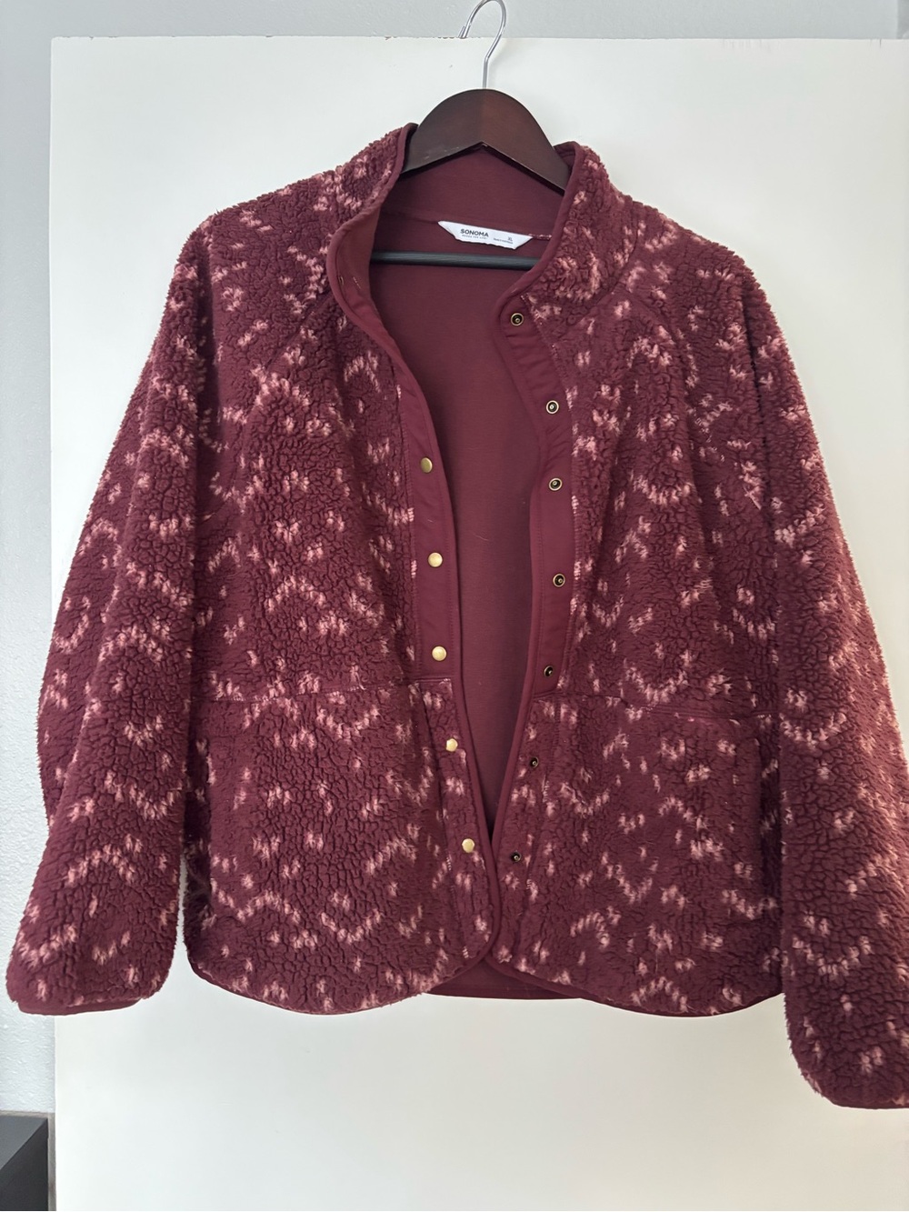 Sonoma Burgundy Patterned Sherpa Cardigan Jacket